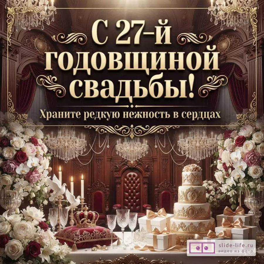 Фон коричневый, золотая рамка, золотые буквы, текст «С 27-й ГОДОВЩИНОЙ СВАДЬБЫ! Храните редкую нежность в сердцах», внизу столик с цветами, тортом, подарками, свечами
