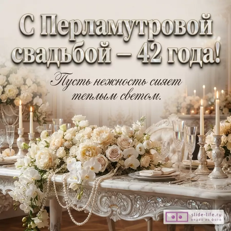 Открытка с бежевым фоном, на переднем плане сервированный стол с цветами и свечами. Текст «С Перламутровой свадьбой – 42 года! Пусть нежность сияет теплым светом.»