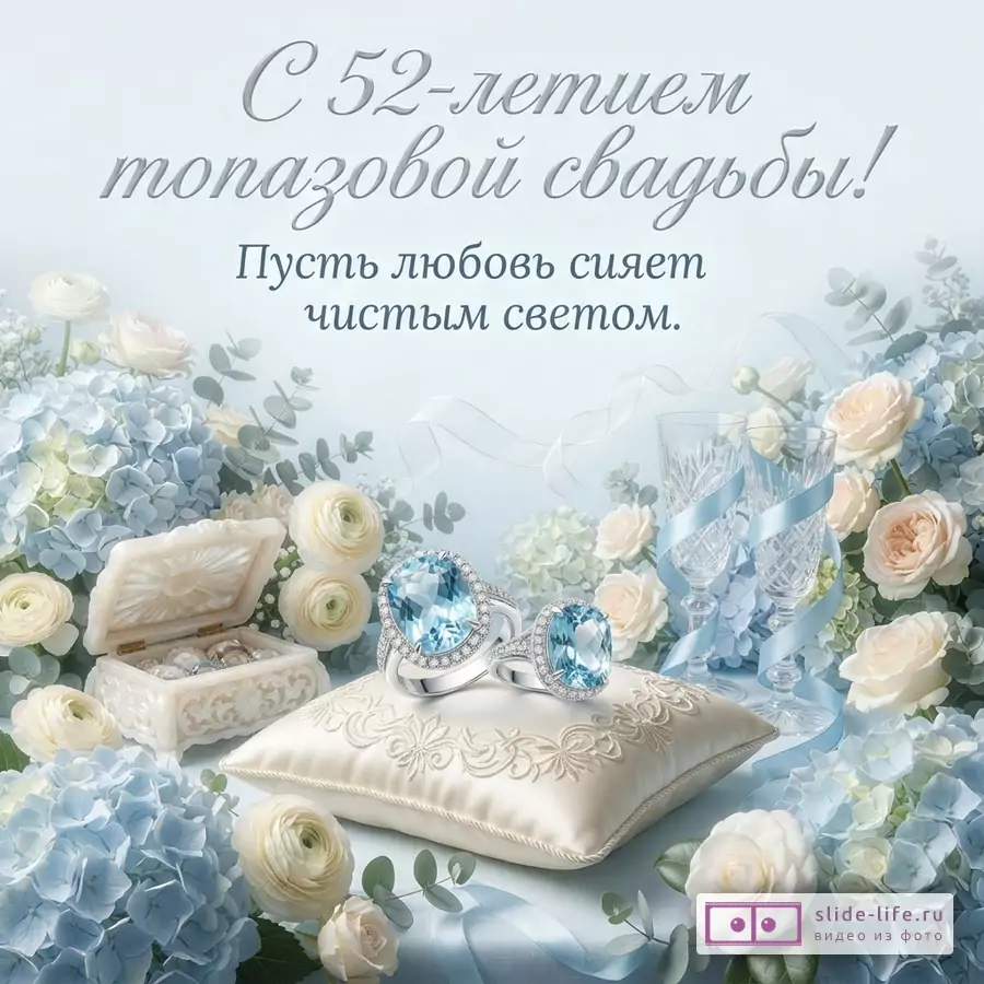 Пастельный голубой фон, цветы гортензии и роз, два хрустальных бокала, подушечка с кольцами и синими топазами. Текст «С 52-летием топазовой свадьбы! Пусть любовь сияет чистым светом.»