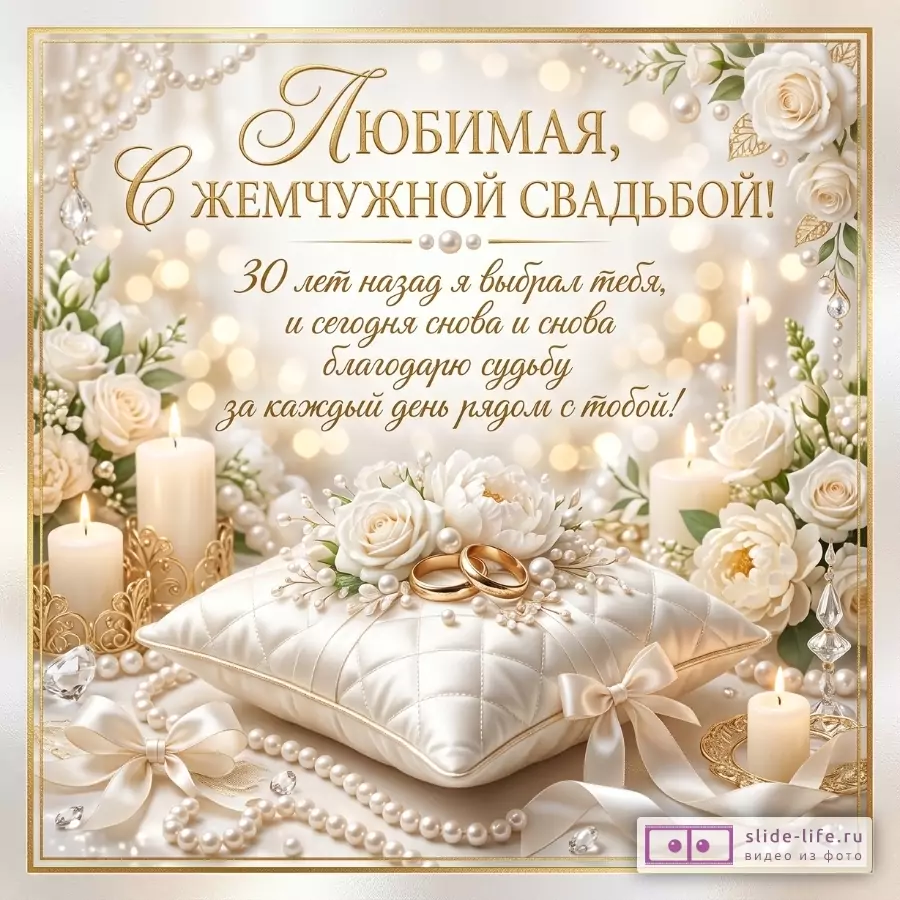 Бежево-золотой фон, жемчуг, белые розы, свечи, кольца, атласная подушка. Текст: «Любимая, с жемчужной свадьбой! 30 лет назад я выбрал тебя, и сегодня снова и снова благодарю судьбу за каждый день рядом с тобой!»