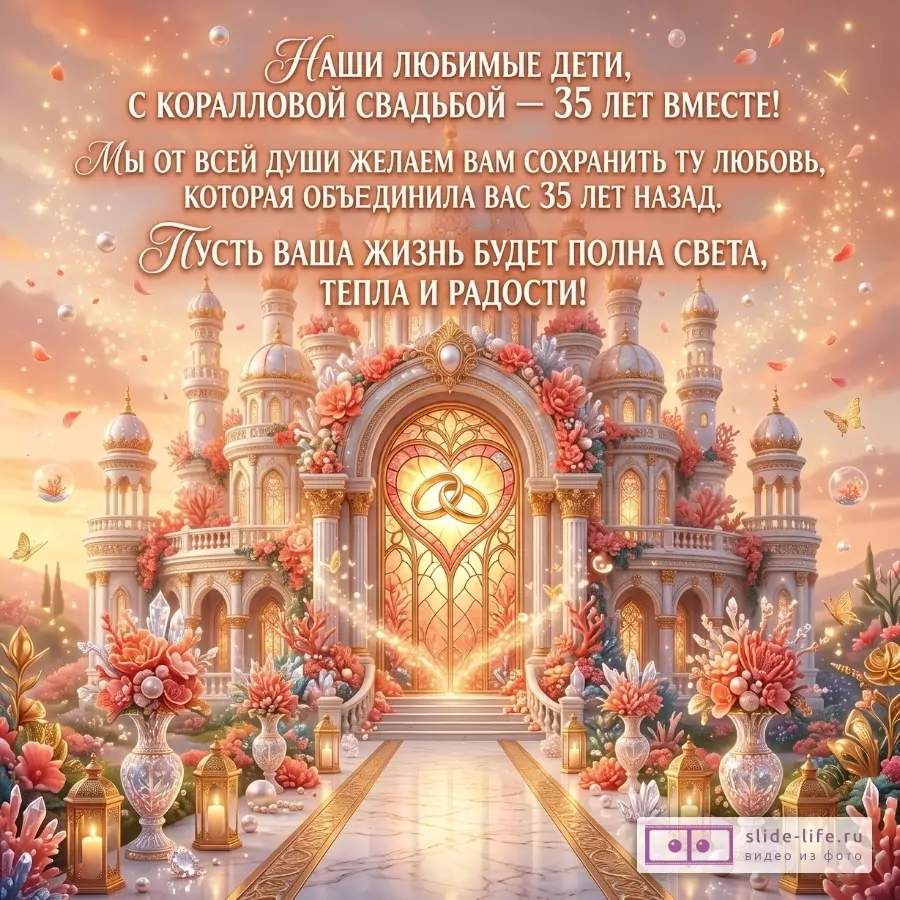 Кораллово-золотой фон, дворец с сердцем и кольцами, цветы и свечи; текст: «Наши любимые дети, с коралловой свадьбой — 35 лет вместе! Пусть ваша жизнь будет полна света, тепла и радости!»