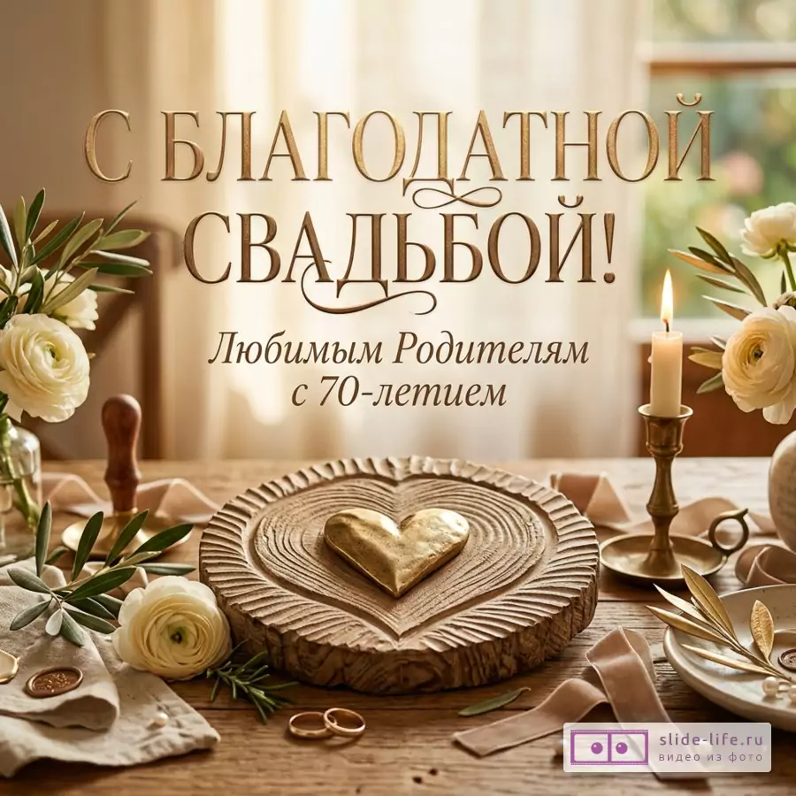 Праздничная открытка с бежево-золотым фоном, свечой, белыми цветами, зелеными ветвями, деревянным спилом с золотым сердцем и текстом «С БЛАГОДАТНОЙ СВАДЬБОЙ! Любимым Родителям с 70-летием»