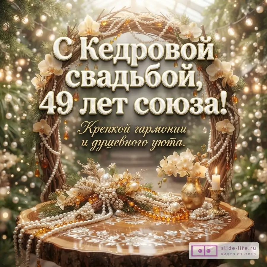 Открытка с фоном из еловых веток и гирлянд, в центре венок из веток, украшенный жемчужными бусами и орхидеями. На переднем плане деревянный стол с жемчужными бусами, орхидеями в вазе и свечой. Текст: «С Кедровой свадьбой, 49 лет союза! Крепкой гармонии и душевного уюта.»