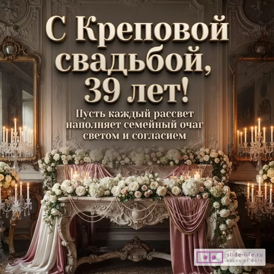 Темно-серый фон, золотые буквы. Текст: «С Креповой свадьбой, 39 лет! Пусть каждый рассвет наполняет семейный очаг светом и согласием».