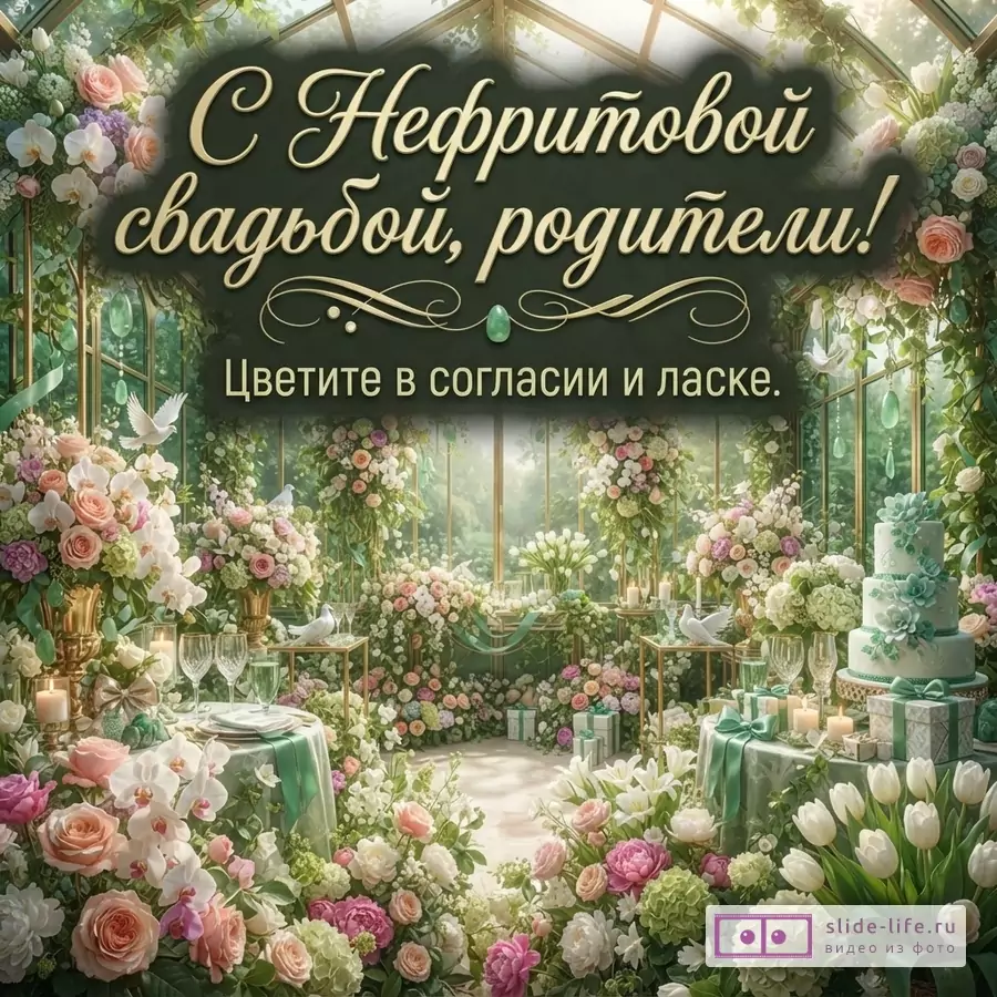 Текст «С Нефритовой свадьбой, родители! Цветите в согласии и ласке.» на темно-зеленой плашке среди цветочного декора, в интерьере с зеленью, розами и подарками