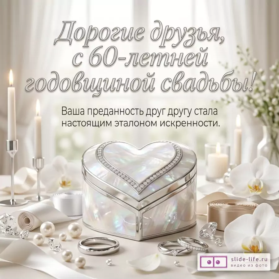 Белая открытка с жемчужной шкатулкой в форме сердца, свечами, кольцами, жемчугом, лентами и белыми орхидеями, текст «Дорогие друзья, с 60-летней годовщиной свадьбы! Ваша преданность друг другу стала настоящим эталоном искренности.»