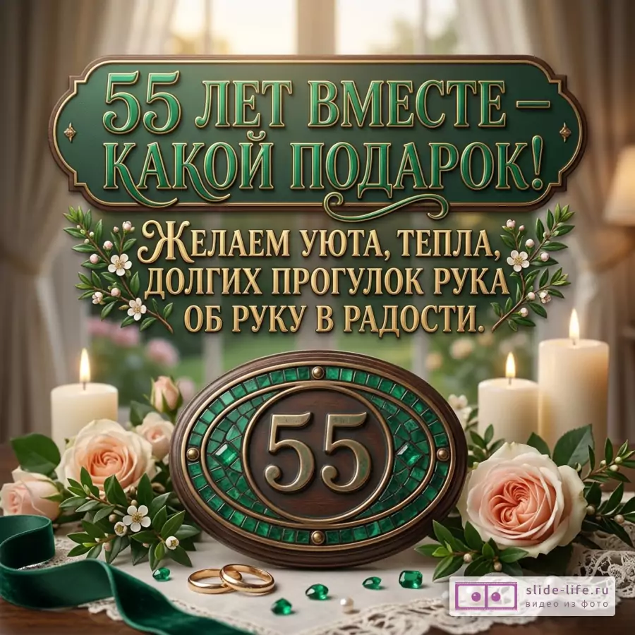 Открытка с зелёным и золотым оформлением, свечи, кремово-розовые розы, белые цветы, кольца, кружево, зелёная лента, табличка «55 ЛЕТ ВМЕСТЕ — КАКОЙ ПОДАРОК! ЖЕЛАЕМ УЮТА, ТЕПЛА, ДОЛГИХ ПРОГУЛОК РУКА ОБ РУКУ В РАДОСТИ.» число «55»