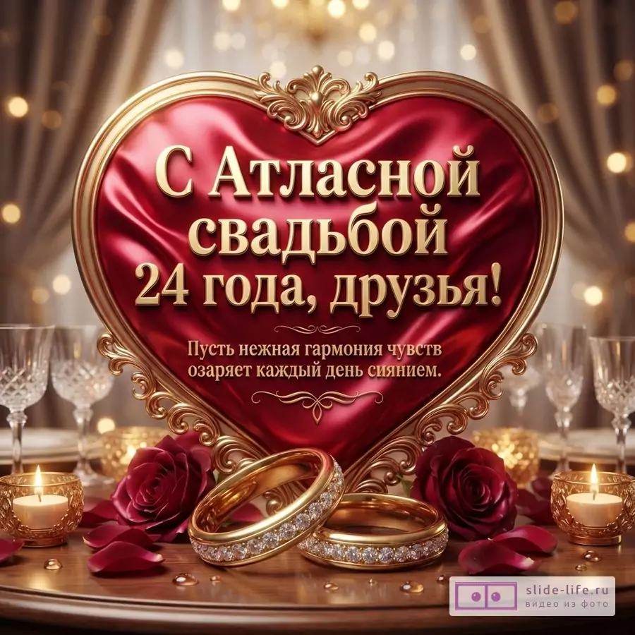 Большое красное атласное сердце в золотой оправе, обручальные кольца, свечи и текст «С Атласной свадьбой 24 года, друзья! Пусть нежная гармония чувств озаряет каждый день сиянием.»