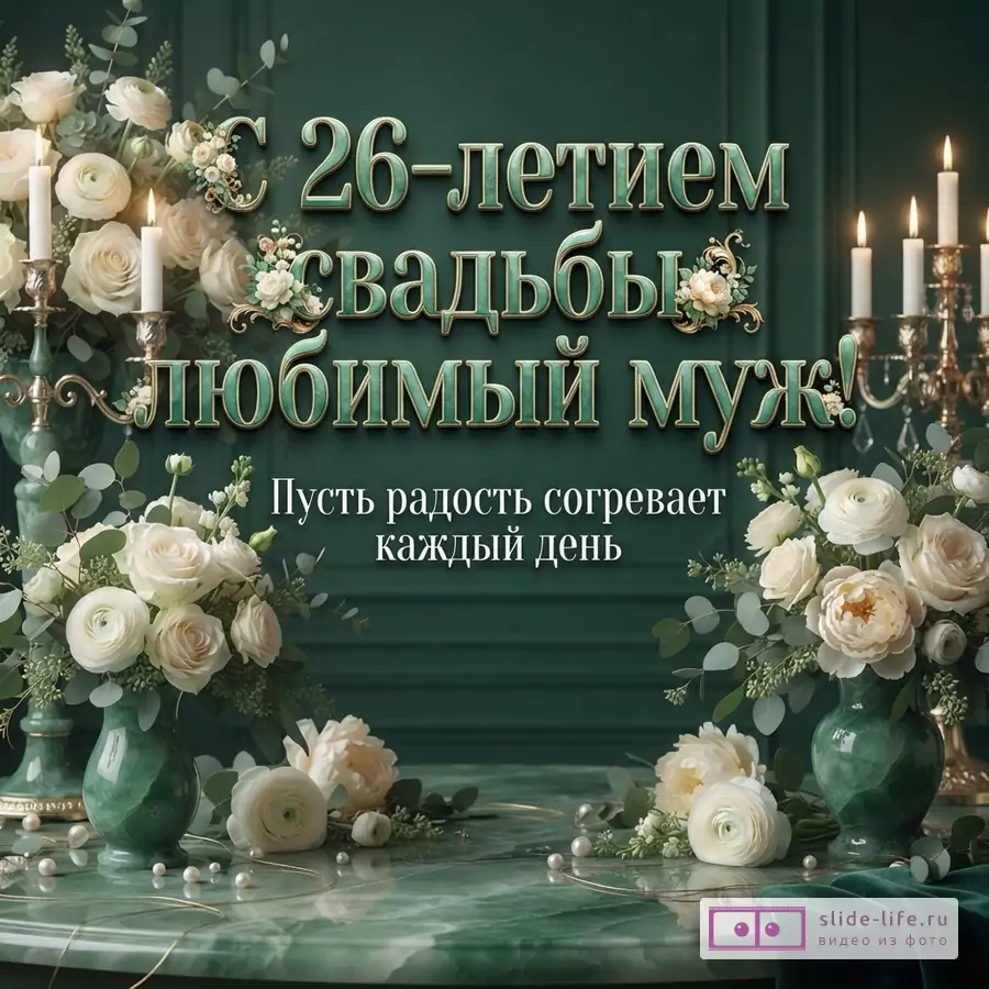 Темно-зеленый фон, нефритовый стол, вазы с белыми розами и свечи с надписью «С 26-летием свадьбы, любимый муж! Пусть радость согревает каждый день».