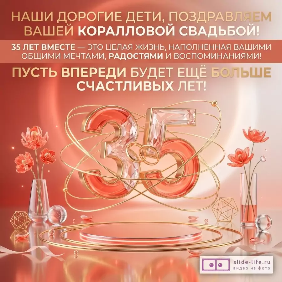 Розово-коралловый градиентный фон, надписи «НАШИ ДОРОГИЕ ДЕТИ, ПОЗДРАВЛЯЕМ ВАШЕЙ КОРАЛЛОВОЙ СВАДЬБОЙ!», «35 ЛЕТ...», «ПУСТЬ ВПЕРЕДИ...», число 35, золотые кольца, цветы в вазах.