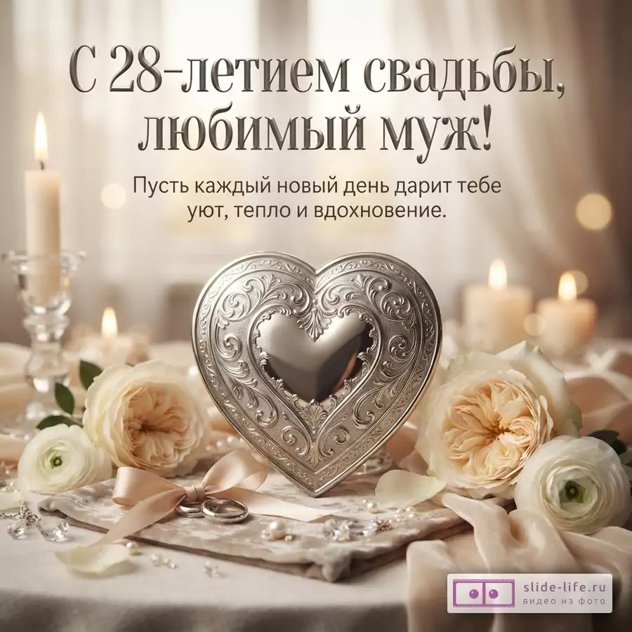 Открытка с бежевым фоном, горящими свечами, белыми и персиковыми розами. В центре серебряная шкатулка в форме сердца. Текст: «С 28-летием свадьбы, любимый муж! Пусть каждый новый день дарит тебе уют, тепло и вдохновение.»