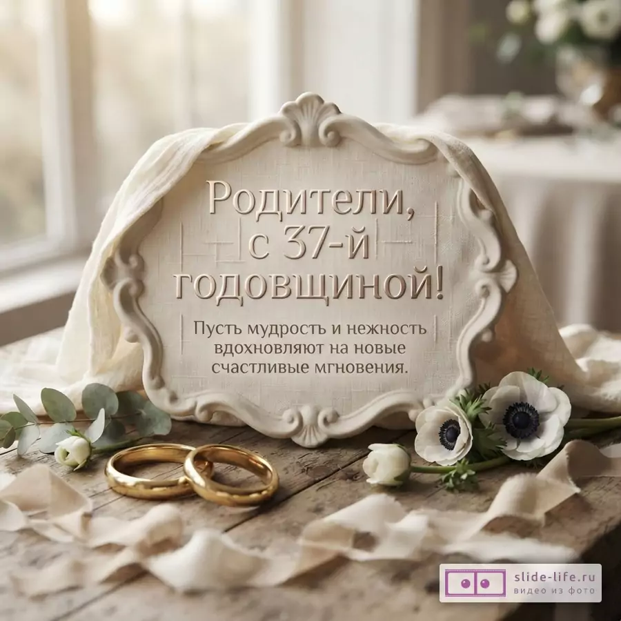 Бежевая рамка с узорами на деревянном столе, вокруг эвкалипт и белые цветы, два золотых кольца, бежевая лента. Текст: «РОДИТЕЛИ, С 37-Й ГОДОВЩИНОЙ! Пусть мудрость и нежность вдохновляют на новые счастливые мгновения.»