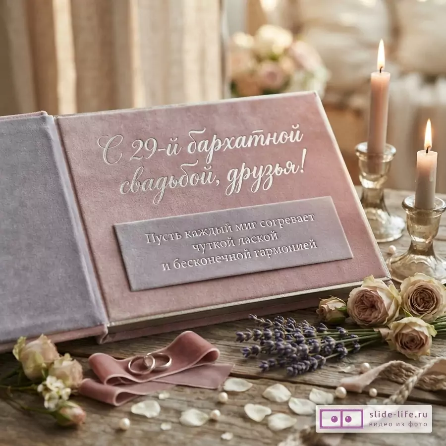 Открытая книга в розовом и сиреневом цвете на деревянном фоне, рядом две горящие свечи, цветы и обручальные кольца. Текст на книге: «С 29-й бархатной свадьбой, друзья! Пусть каждый миг согревает чуткой лаской и бесконечной гармонией»