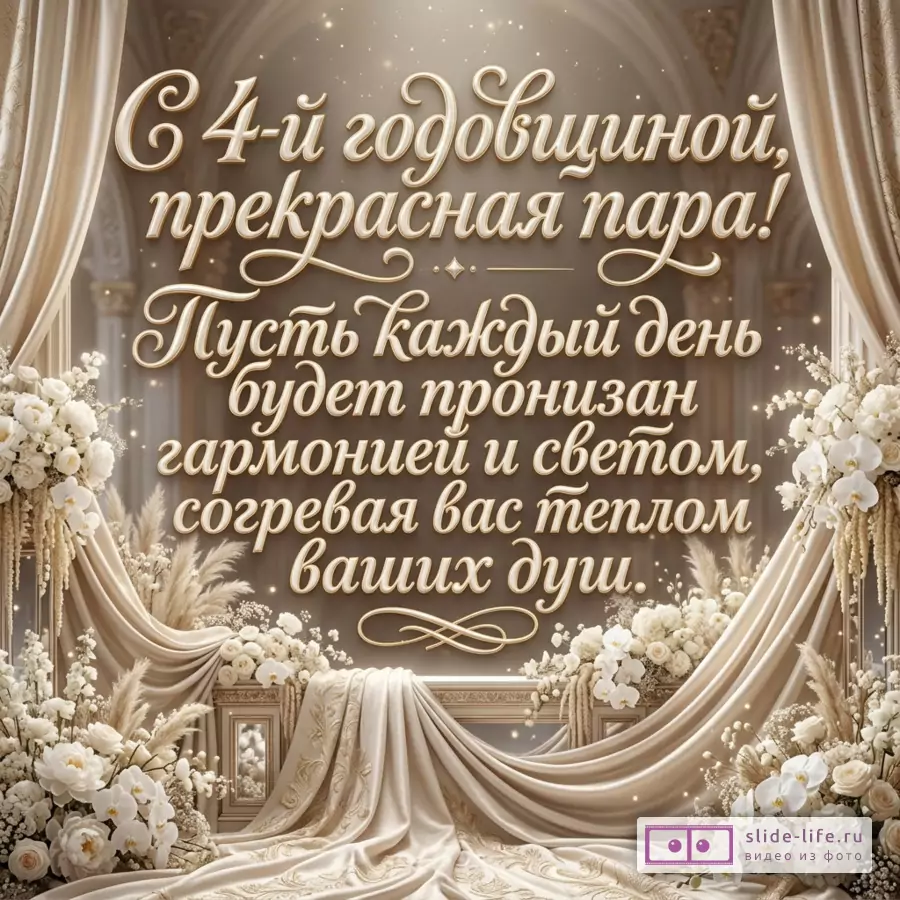 Бежево-золотая открытка с драпировками и белыми цветами, крупная надпись «С 4-й годовщиной, прекрасная пара! Пусть каждый день будет пронизан гармонией и светом, согревая вас теплом ваших душ.»