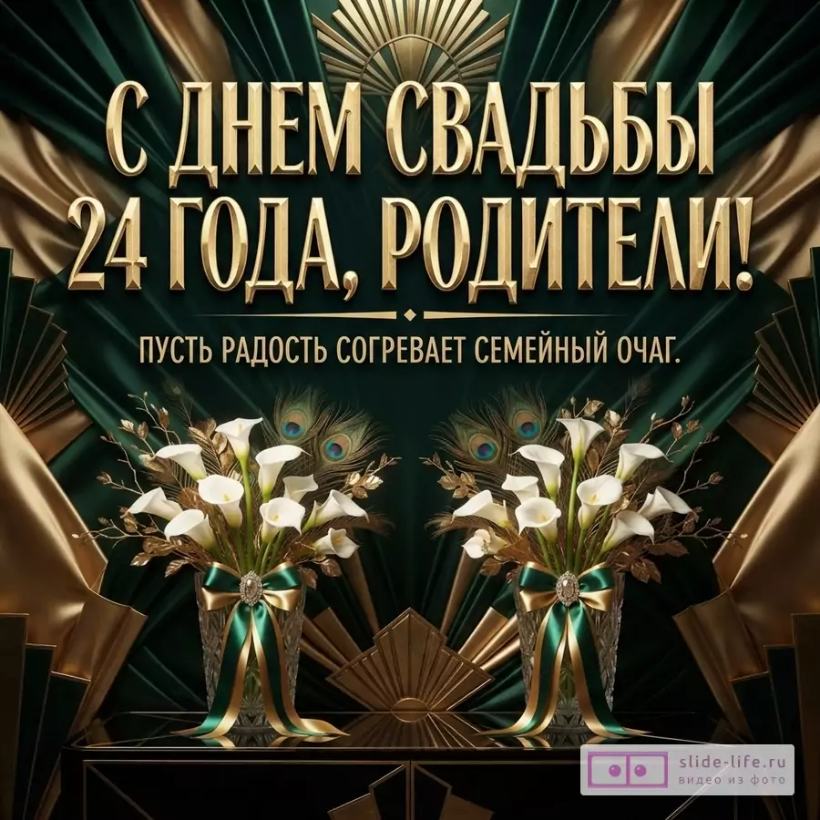 Изумрудно-золотой фон в стиле ар-деко с букетами белых калл и надписью «С ДНЕМ СВАДЬБЫ 24 ГОДА, РОДИТЕЛИ! ПУСТЬ РАДОСТЬ СОГРЕВАЕТ СЕМЕЙНЫЙ ОЧАГ.»
