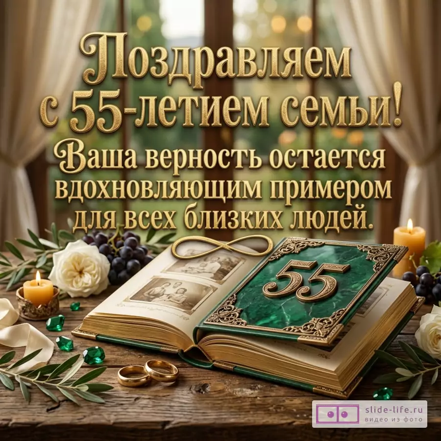 Открытка с текстом «Поздравляем с 55-летием семьи! Ваша верность остается вдохновляющим примером для всех близких людей.» зеленая книга с числом 55, фотоальбом, кольца, свечи, белые розы, виноград, бежевый фон