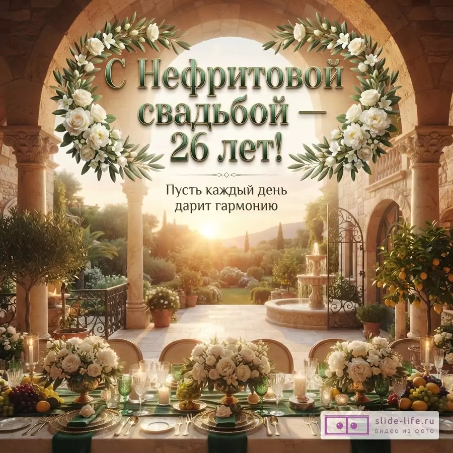 Теплый садовый фон с аркой, цветочными венками и сервированным столом, текст «С Нефритовой свадьбой — 26 лет! Пусть каждый день дарит гармонию.»