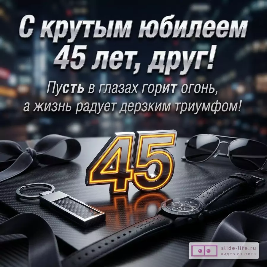 Фон размытого ночного города. Серебристый текст. Объемные цифры «45» с оранжевой подсветкой. Черные солнцезащитные очки, часы, брелок, лента.