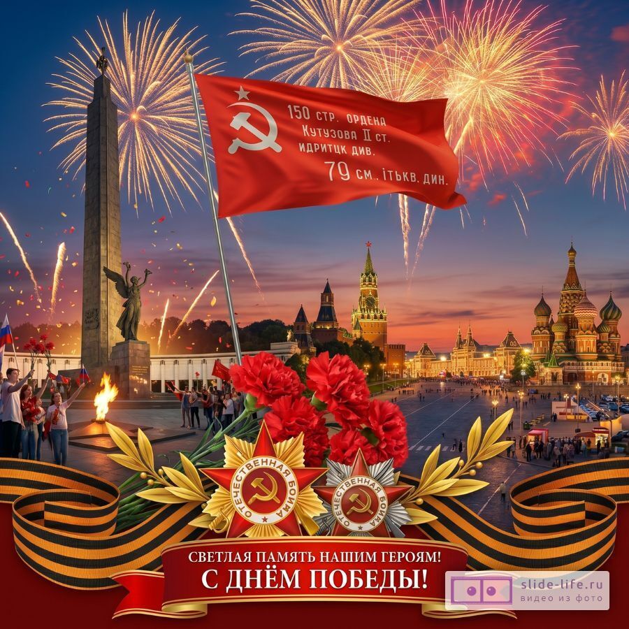 Трогательная открытка ко Дню Победы с георгиевской лентой и цветами