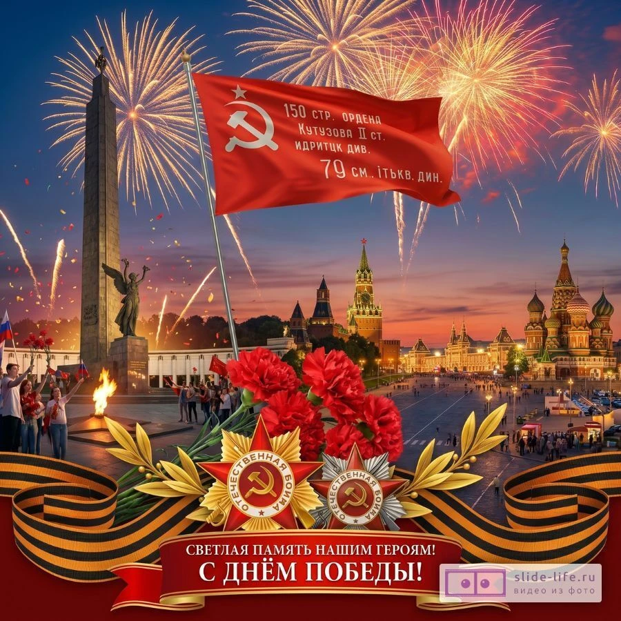 Трогательная открытка ко Дню Победы с георгиевской лентой и цветами