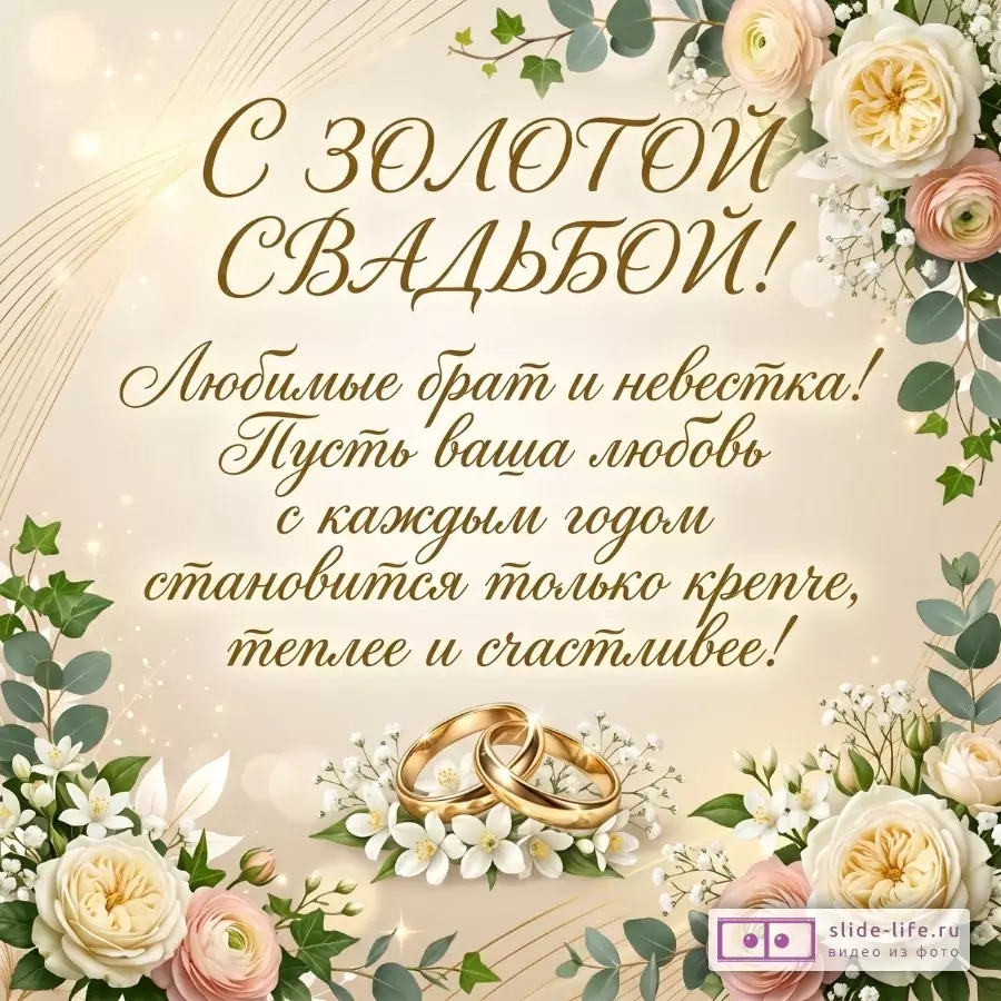 Светло-бежевый фон с золотыми линиями, цветами и двумя обручальными кольцами; текст «С ЗОЛОТОЙ СВАДЬБОЙ!», «Любимые брат и невестка!»