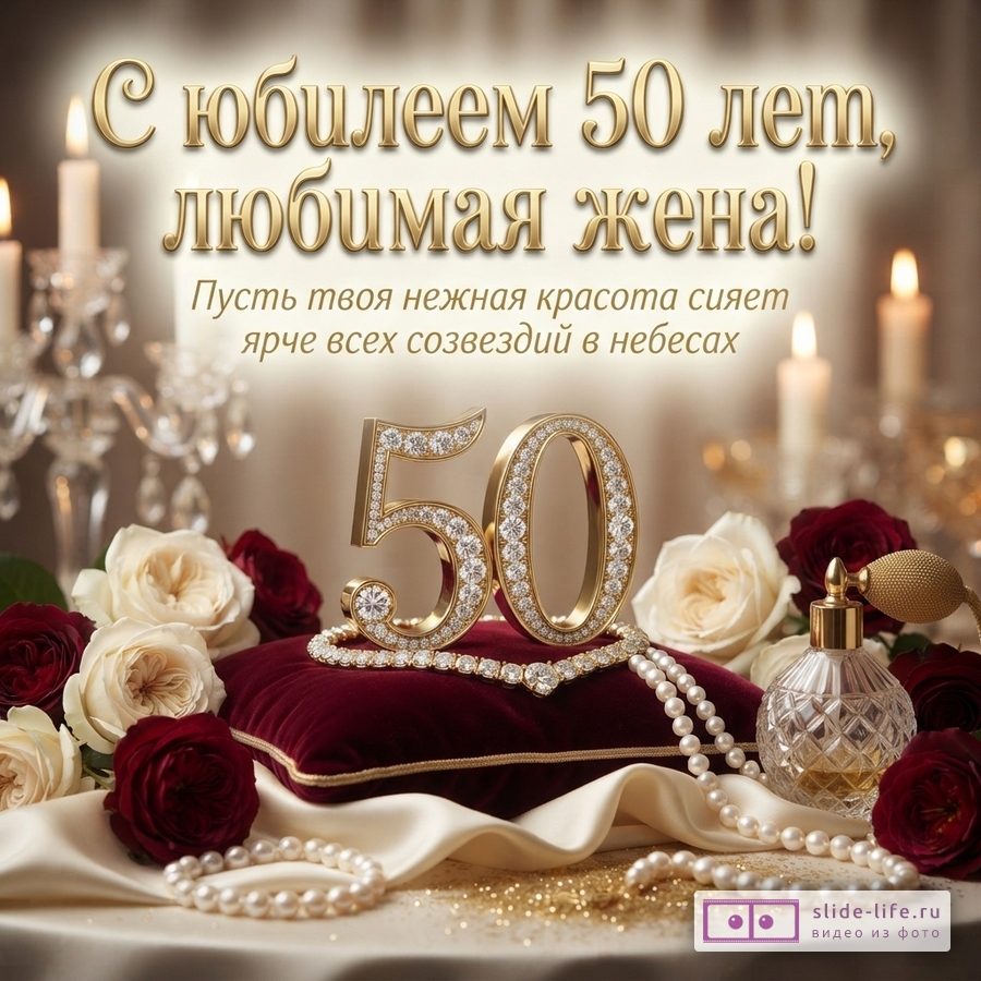 Открытка с золотыми буквами на бежевом фоне, свечи, розы, жемчуг, флакон духов. Текст: «С юбилеем 50 лет, любимая жена! Пусть твоя нежная красота сияет ярче всех созвездий в небесах»