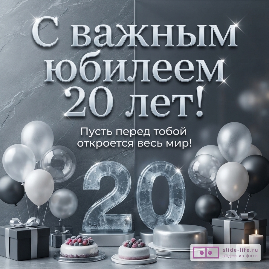 Открытка с серым фоном, надпись «С важным юбилеем 20 лет! Пусть перед тобой откроется весь мир!», воздушные шары, подарки, торты, свечи, цифры 20 изо льда.