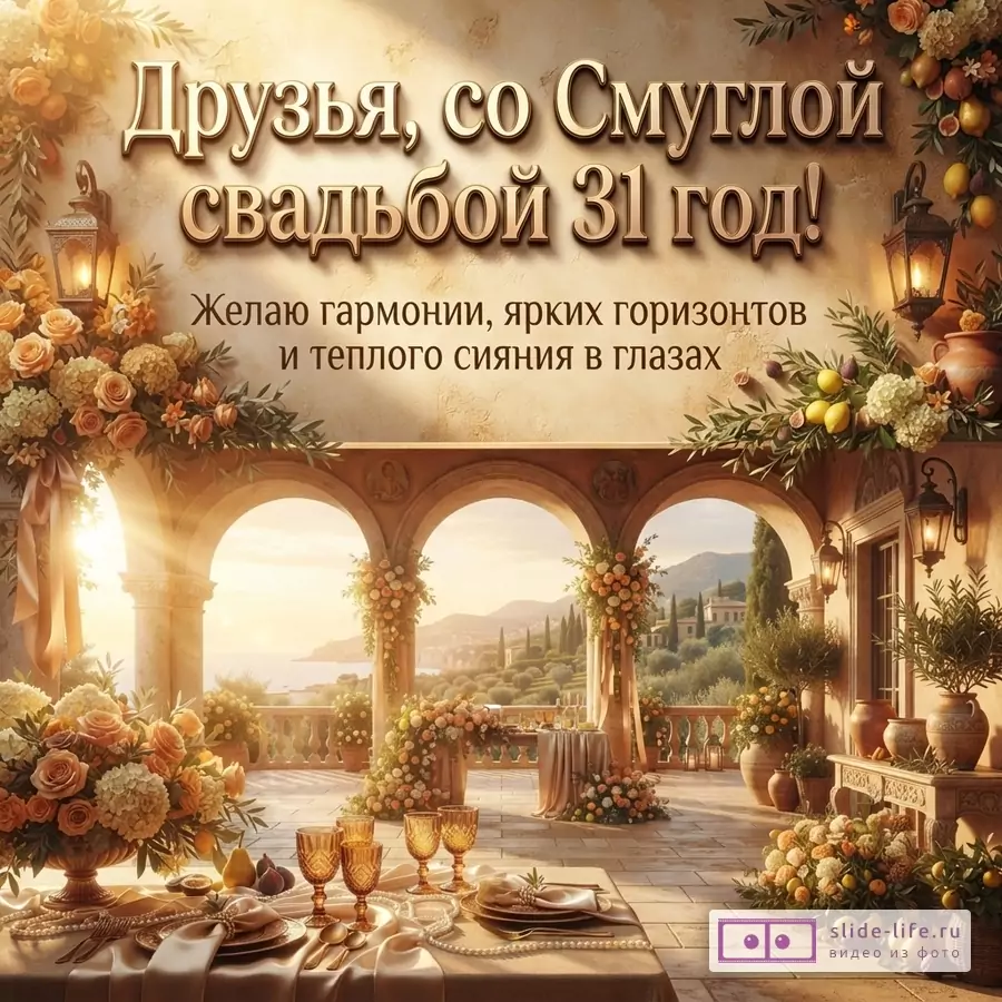 Теплая бежевая открытка с цветочными композициями, арками, фонарями, сервированным столом и видом на море. Текст «Друзья, со Смуглой свадьбой 31 год! Желаю гармонии, ярких горизонтов и теплого сияния в глазах.»