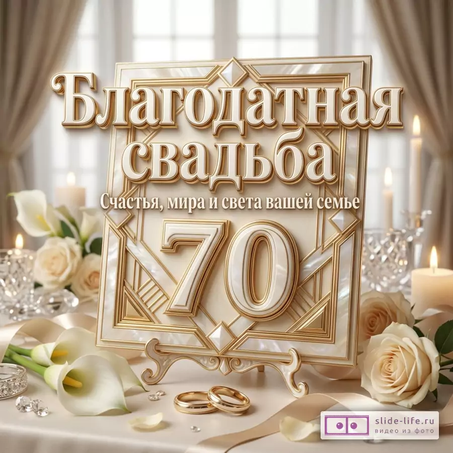 Открытка в кремово-золотых тонах с цветами каллы и розы, свечами, кольцами и декоративной рамкой, текст «Благодатная свадьба Счастья, мира и света вашей семье 70»