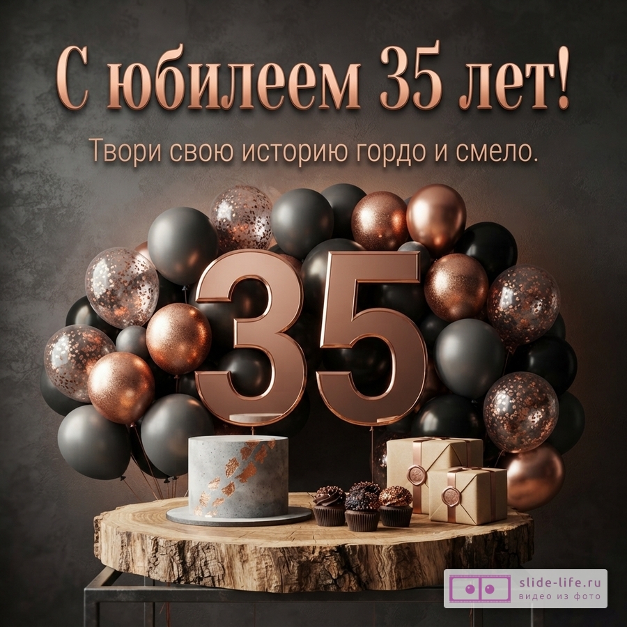 Объемные цифры 35, воздушные шары черного и бронзового цвета, праздничный торт и текст «С юбилеем 35 лет! Твори свою историю гордо и смело.»