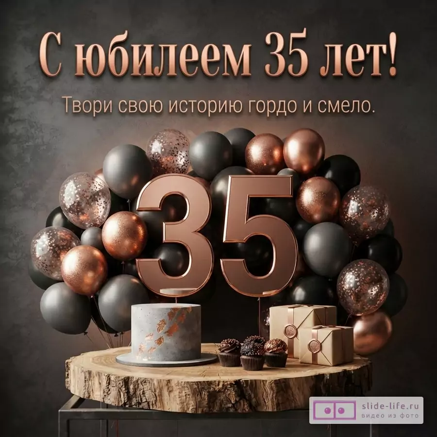 Объемные цифры 35, воздушные шары черного и бронзового цвета, праздничный торт и текст «С юбилеем 35 лет! Твори свою историю гордо и смело.»