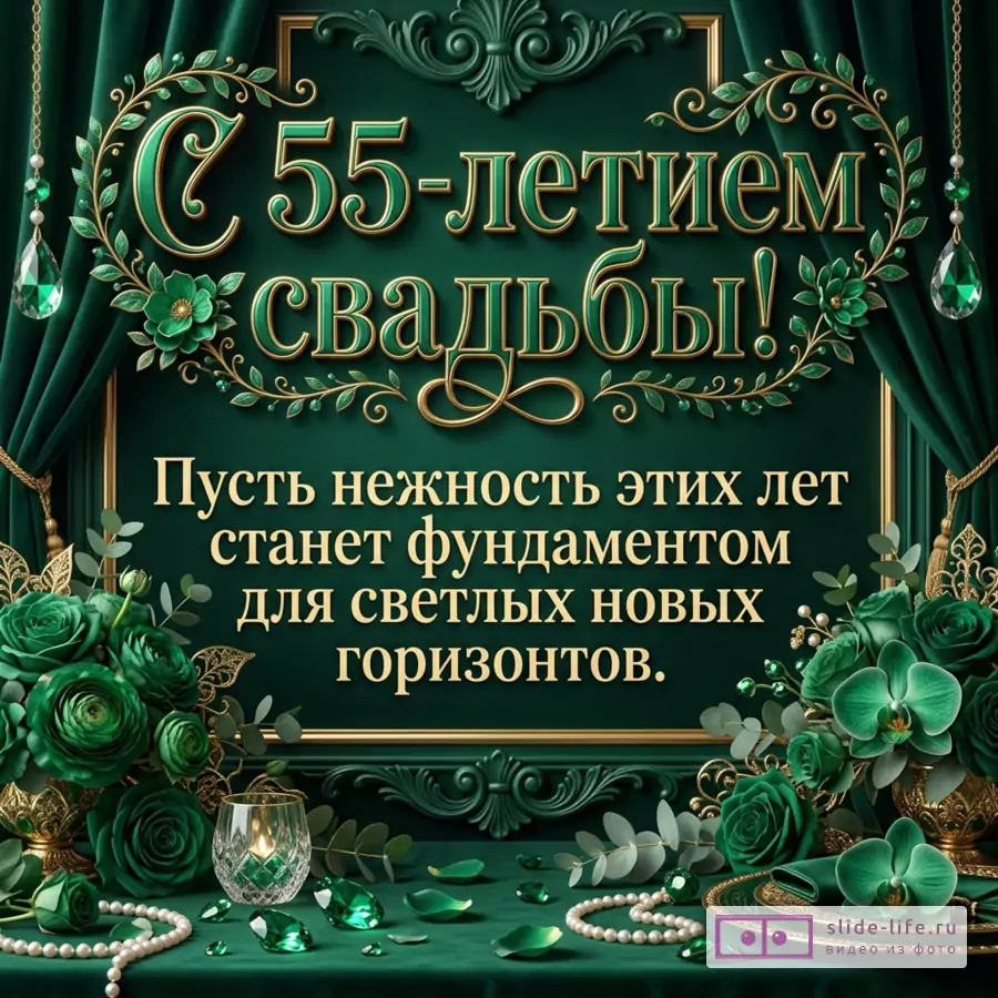 Темно-зеленая открытка с золотой рамкой, изумрудными шторами, цветами, листьями, жемчугом, бокалом и кристаллами, текст «С 55-летием свадьбы! Пусть нежность этих лет станет фундаментом для светлых новых горизонтов.»