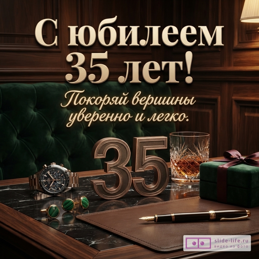 Объемные цифры 35, наручные часы, запонки, стакан виски и ручка на столе в кабинете с надписью «С юбилеем 35 лет! Покоряй вершины уверенно и легко.»