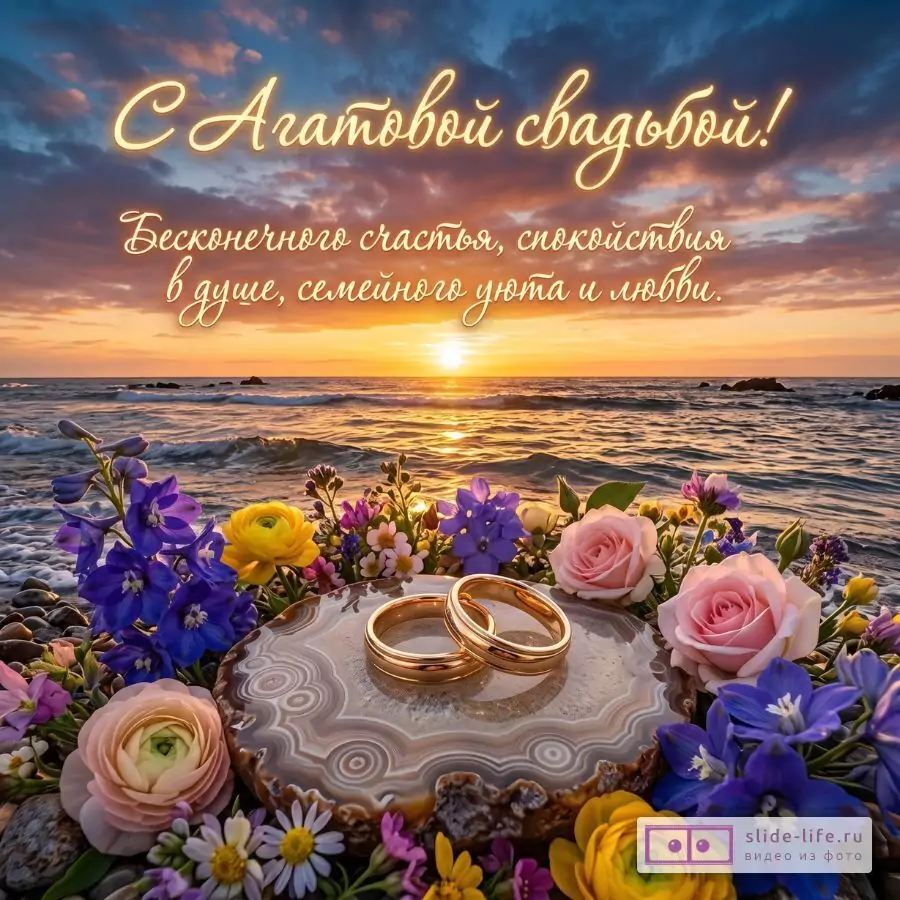 Красивая открытка с 14-й годовщиной свадьбы — Агатовая свадьба