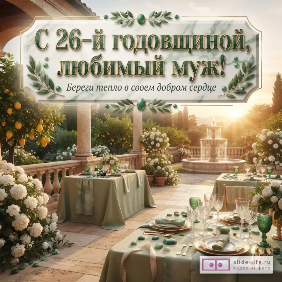 Мраморная табличка с надписью «С 26-й годовщиной, любимый муж! Береги тепло в своем добром сердце» на фоне террасы с фонтаном и сервированными столами.