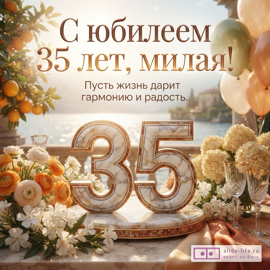 Мраморная цифра 35 в окружении белых и оранжевых цветов, цитрусов и бокалов с надписью «С юбилеем 35 лет, милая! Пусть жизнь дарит гармонию и радость».