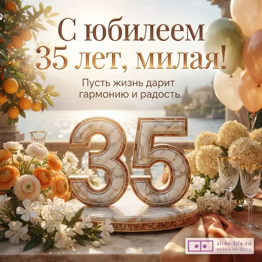 Мраморная цифра 35 в окружении белых и оранжевых цветов, цитрусов и бокалов с надписью «С юбилеем 35 лет, милая! Пусть жизнь дарит гармонию и радость».