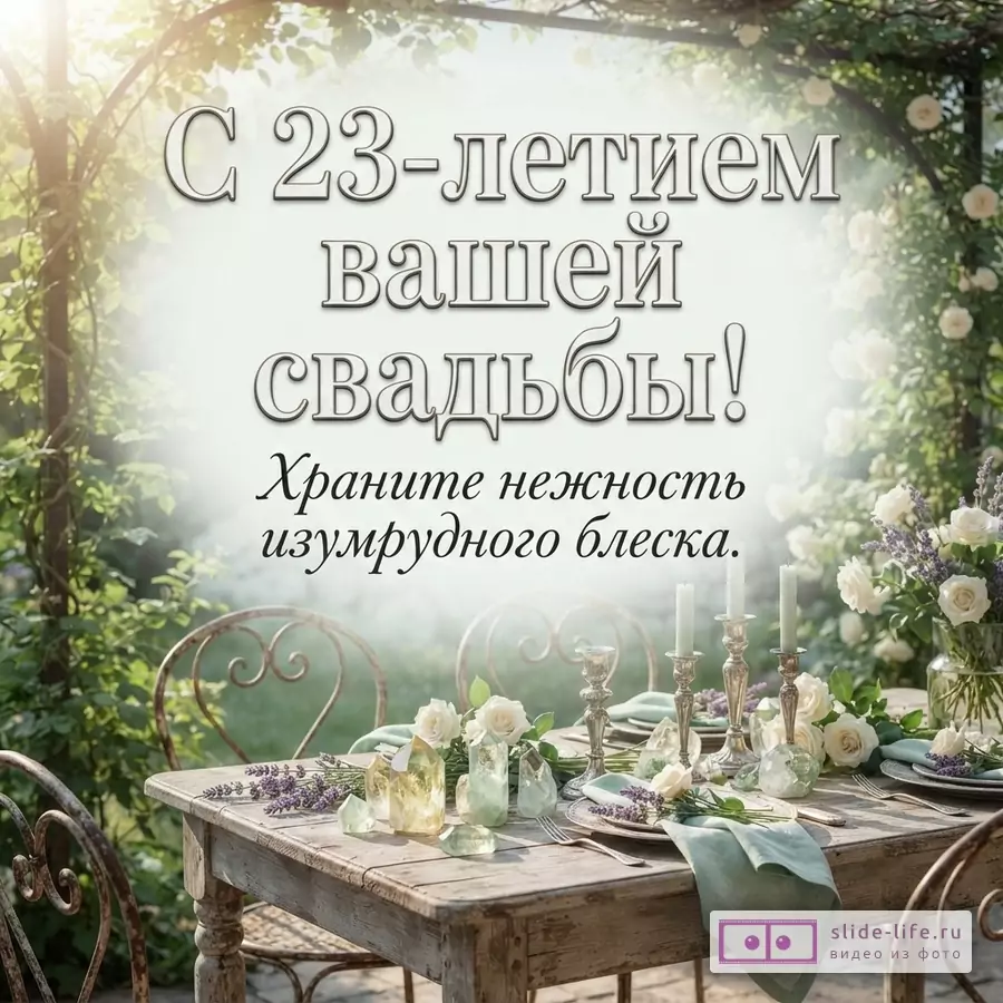 Сервированный деревянный стол в цветущем саду со свечами и кристаллами, надпись «С 23-летием вашей свадьбы! Храните нежность изумрудного блеска.»