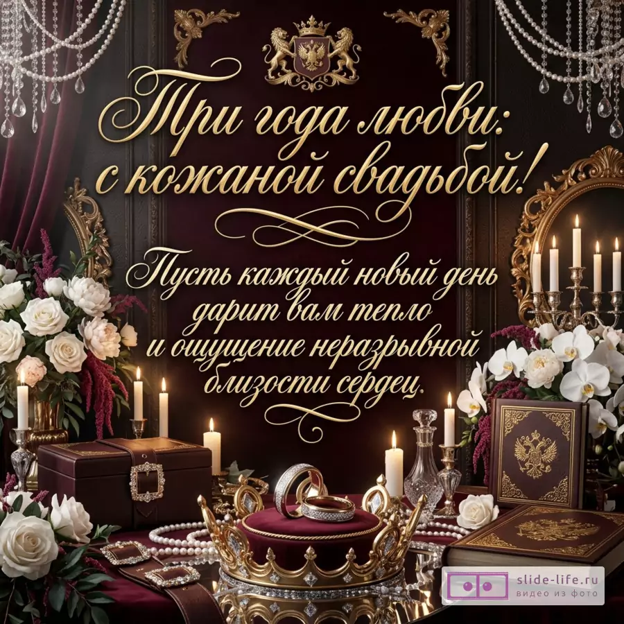Бордовый фон, золотой декоративный орнамент, свечи, белые розы, кольца, кожаная шкатулка и книга. Текст: «Три года любви. с кожаной свадьбой! Пусть каждый новый день дарит вам тепло и ощущение неразрывной близости сердец.»