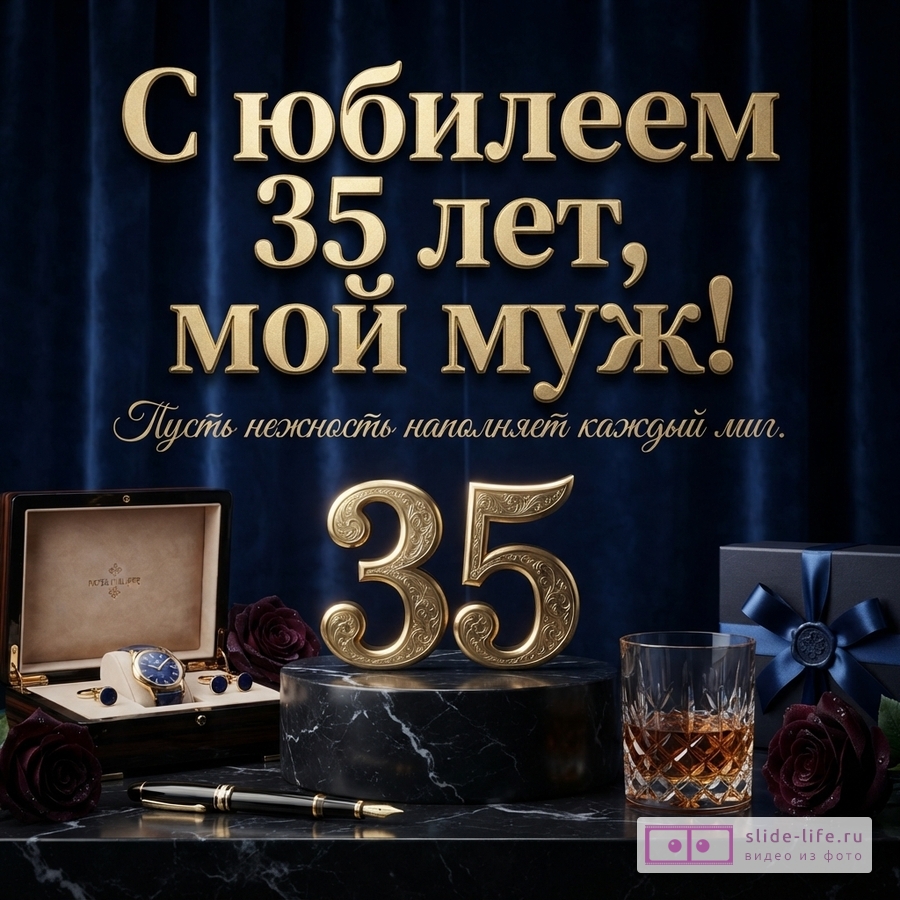Темно-синий бархатный фон, золотая объемная цифра 35, наручные часы в футляре, бокал виски, розы и текст «С юбилеем 35 лет, мой муж! Пусть нежность наполняет каждый миг.»
