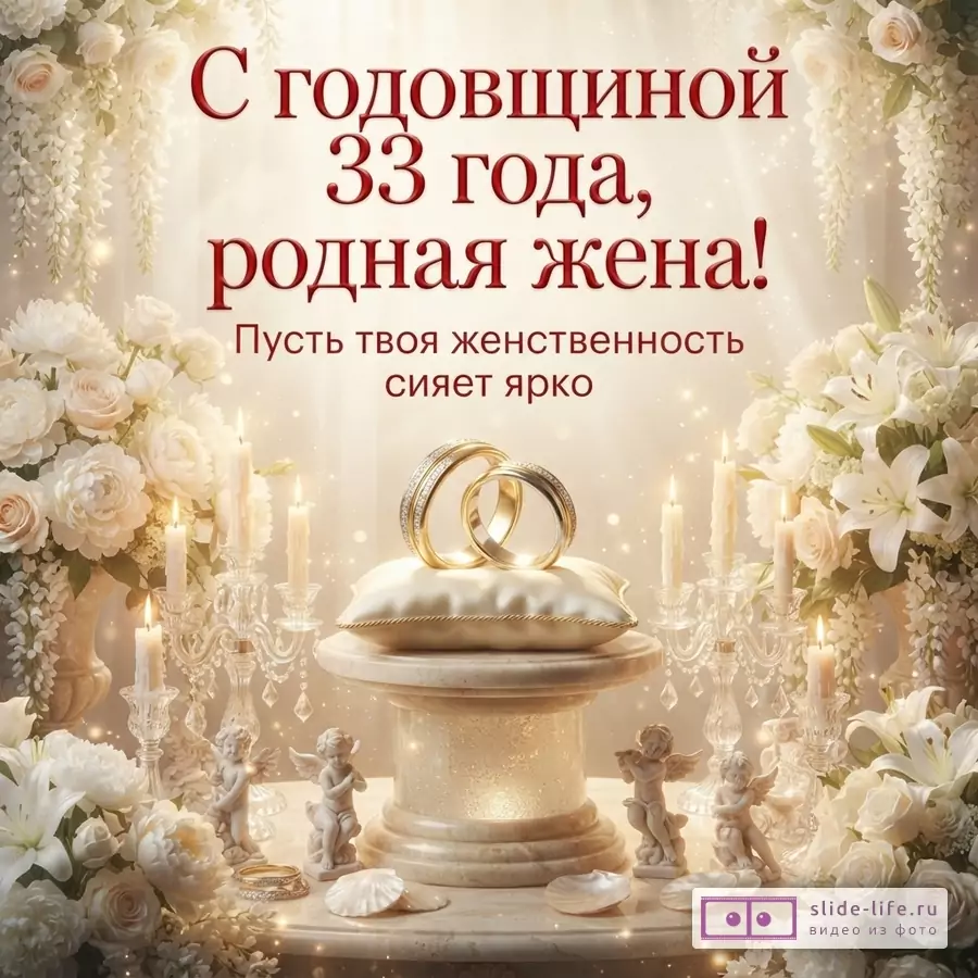 Открытка бежевого цвета с золотистым текстом и белыми цветами. В центре два золотых обручальных кольца на подушечке. Свечи по бокам. Текст: «С годовщиной 33 года, родная жена! Пусть женственность сияет ярко.»