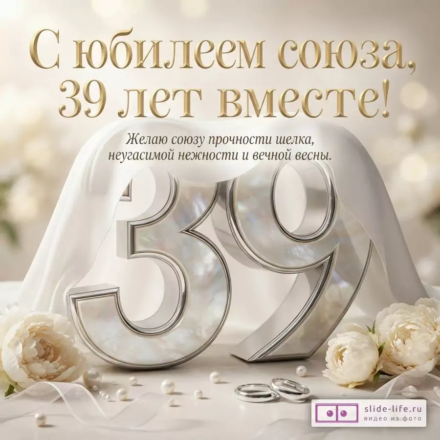 Бежевый фон, золотые буквы, белая ткань, цифры 39 из перламутра, белые цветы, жемчуг, обручальные кольца. Надпись «С юбилеем союза, 39 лет вместе! Желаю союзу прочности шелка, неугасимой нежности и вечной весны.»