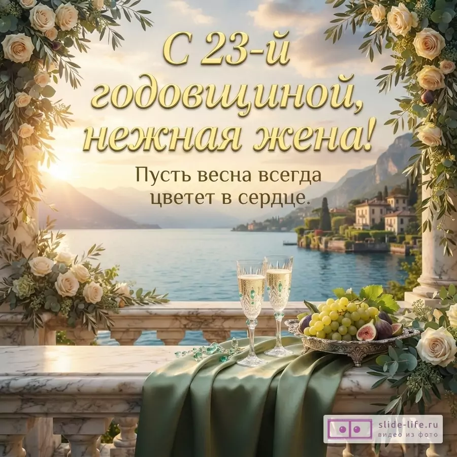 Открытка с цветочной рамкой, видом на озеро и горами, бокалами шампанского и фруктами. Текст: «С 23-й годовщиной, нежная жена! Пусть весна всегда цветет в сердце».