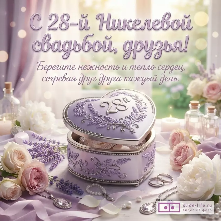 Фиолетовый фон, сверху надпись «С 28-й Никелевой свадьбой, друзья! Берегите нежность и тепло сердец, согревая друг друга каждый день.». В центре открытая шкатулка в форме сердца с цифрой 28 на крышке. Вокруг шкатулки цветы, жемчуг, кольца и украшения.
