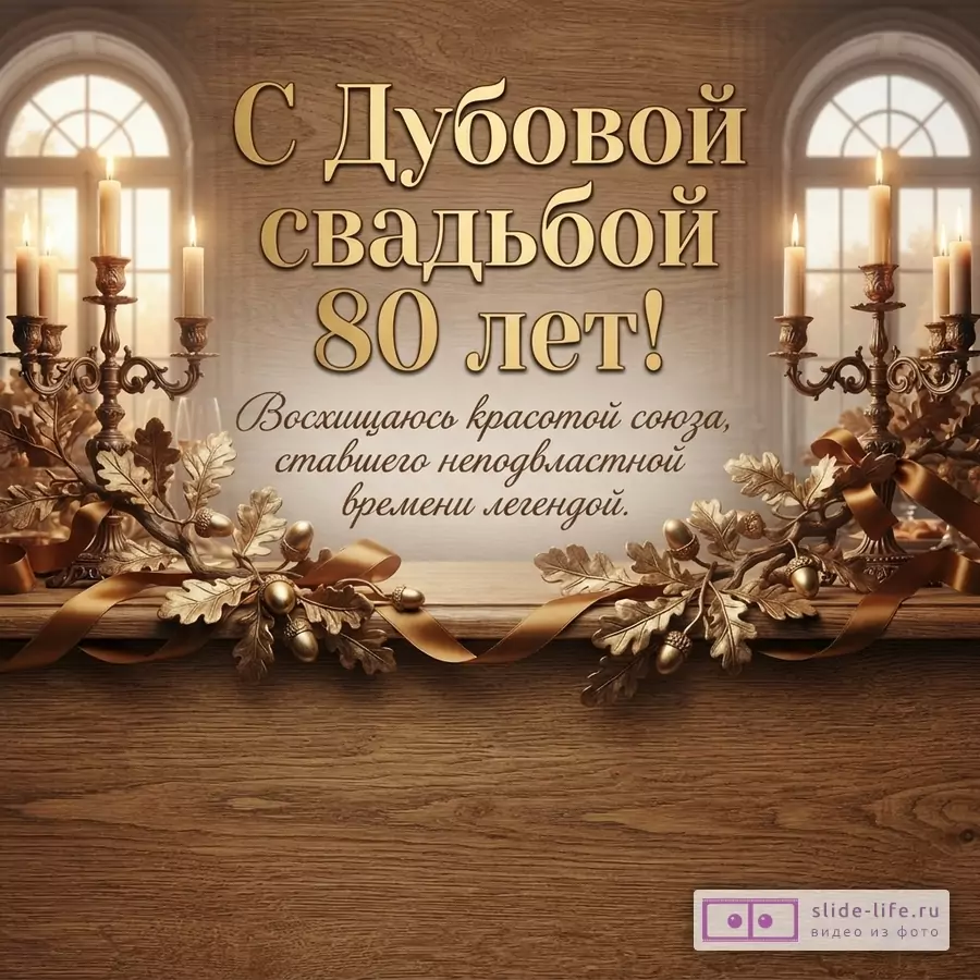 Открытка на деревянном фоне с дубовыми листьями, свечами и коричневой лентой. Текст: «С Дубовой свадьбой 80 лет! Восхищаюсь красотой союза, ставшего неподвластной времени легендой.»