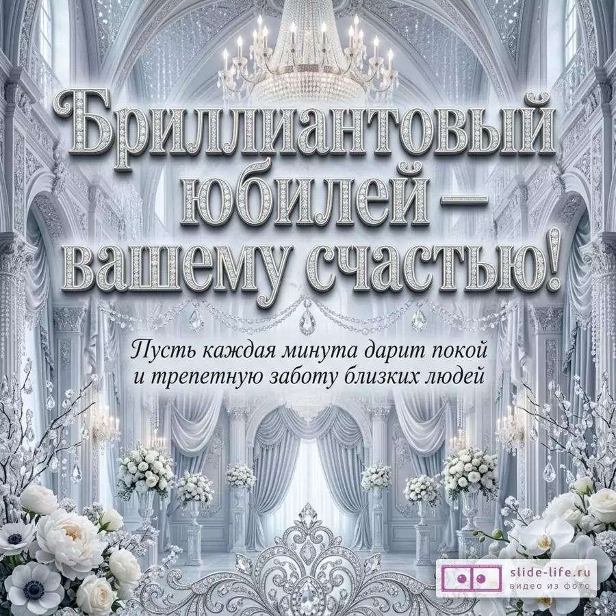 Серебристо-белая открытка с интерьером дворцового зала, люстрой, драпировками, белыми цветами и текстом «Бриллиантовый юбилей — вашему счастью! Пусть каждая минута дарит покой и трепетную заботу близких людей»
