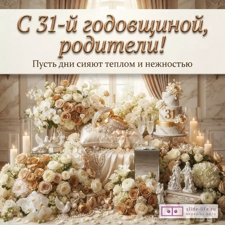 Праздничная открытка в бежево-золотых тонах с текстом «С 31-й годовщиной, родители! Пусть дни сияют теплом и нежностью.»; цветы, свечи, кольца и торт с цифрой 31.