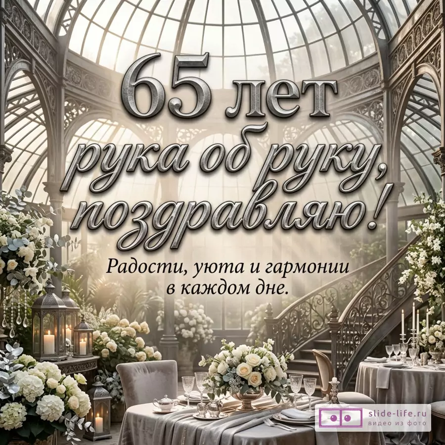 Интерьер стеклянного зала с купольной крышей, черной кованой лестницей, белыми цветочными композициями и свечами, текст «65 лет рука об руку, поздравляю! Пусть уют окружает ваши дни.»