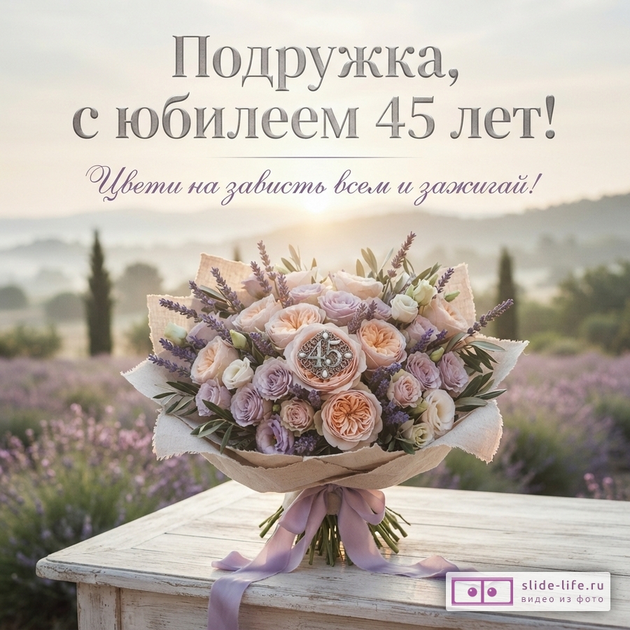 Фон с лавандовым полем на закате. На переднем плане букет из персиковых, сиреневых и белых роз, лаванды и зелени, перевязанный сиреневой лентой. В центре букета брошь с цифрой «45». Текст сверху: «Подружка, с юбилеем 45 лет! Цвети на зависть всем и зажигай!»