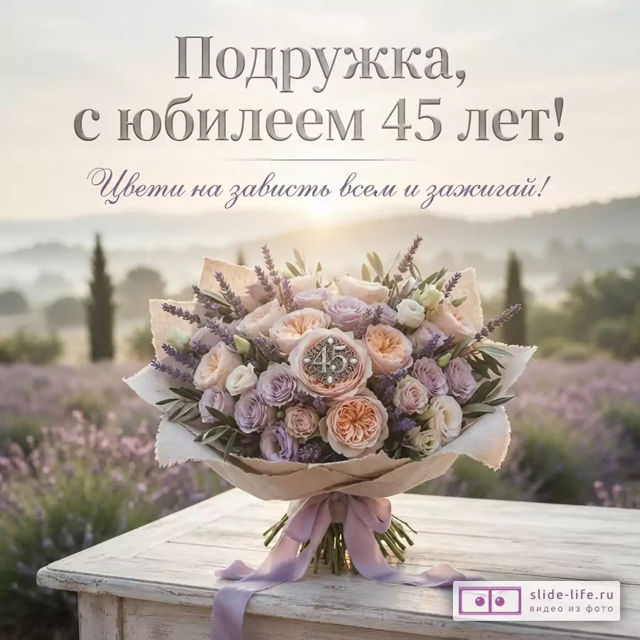 Фон с лавандовым полем на закате. На переднем плане букет из персиковых, сиреневых и белых роз, лаванды и зелени, перевязанный сиреневой лентой. В центре букета брошь с цифрой «45». Текст сверху: «Подружка, с юбилеем 45 лет! Цвети на зависть всем и зажигай!»